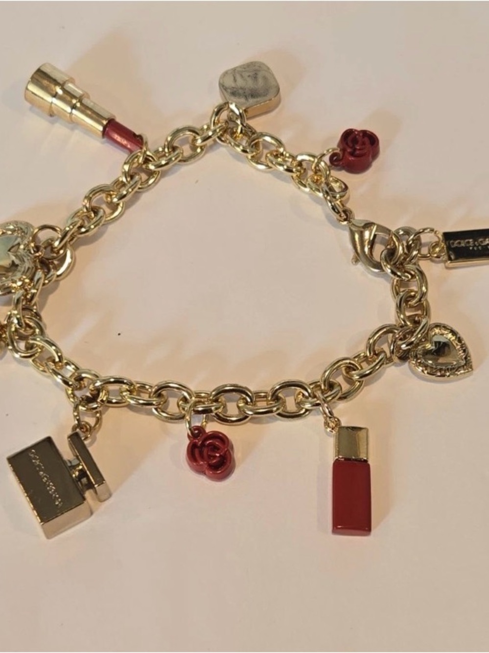Vintage Dolce & Gabbana Gold Tone Anklet Bracelet Makeup Theme Lipstick Perfume